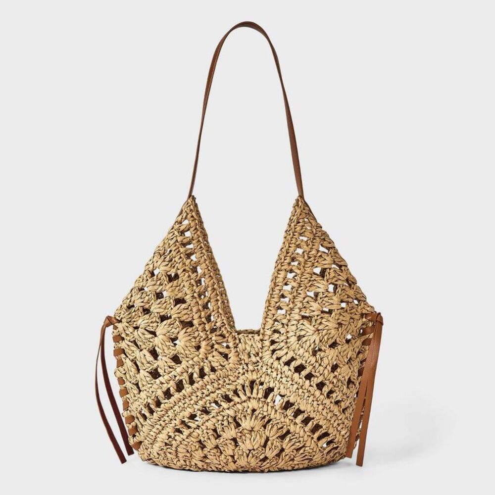 Universal Thread Natural Straw Crochet Shoulder Bag with Brown Straps